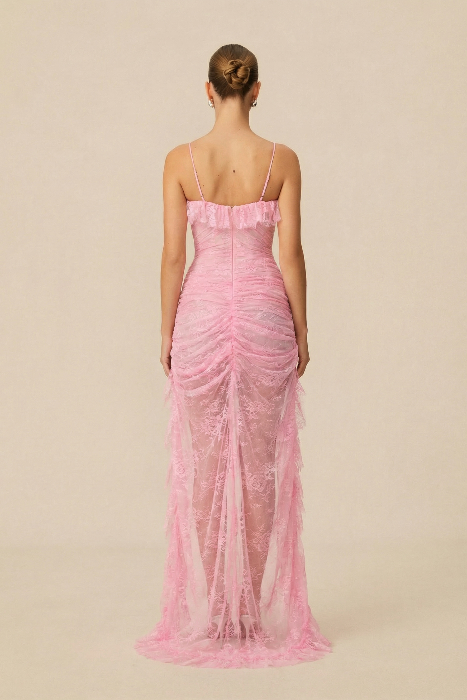 S Pink Spaghetti Strap High Slit Lace Maxi Dress