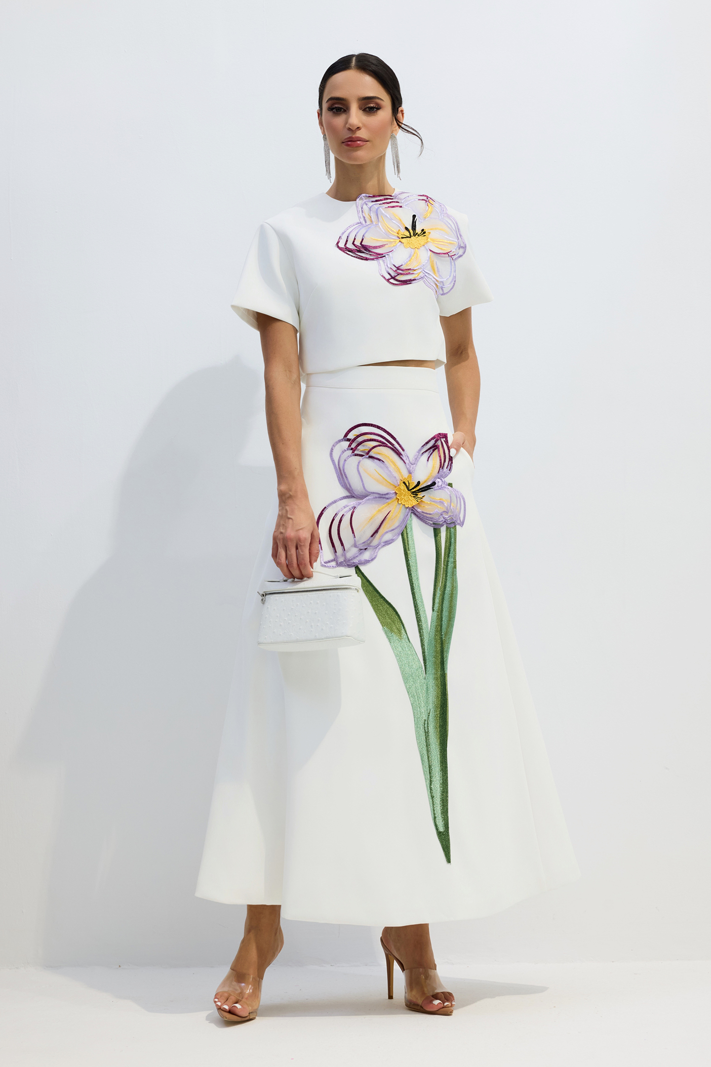 Floral Applique Short Sleeve Top & Skirt Set