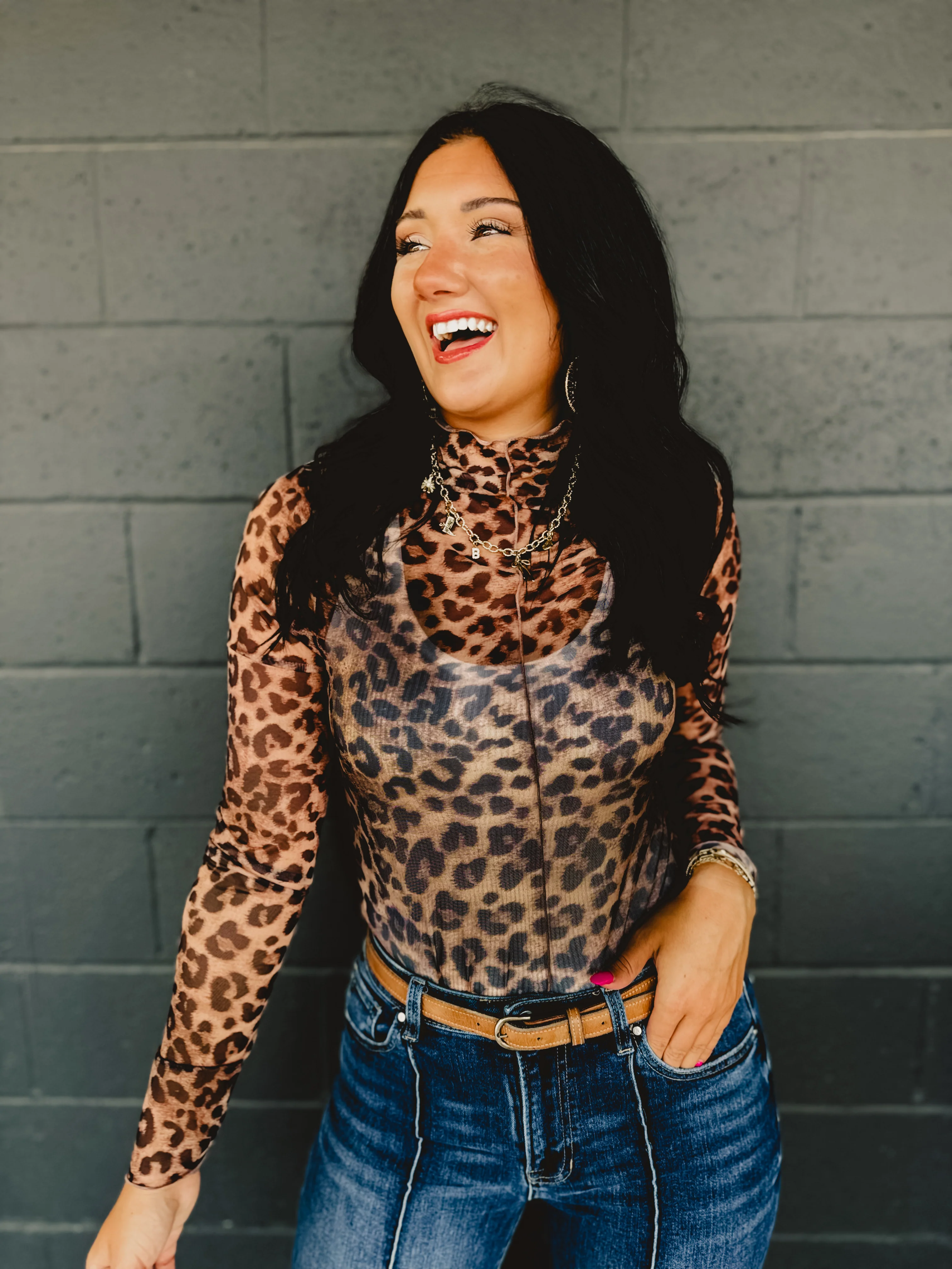 Leopard Mesh Mock Neck Top