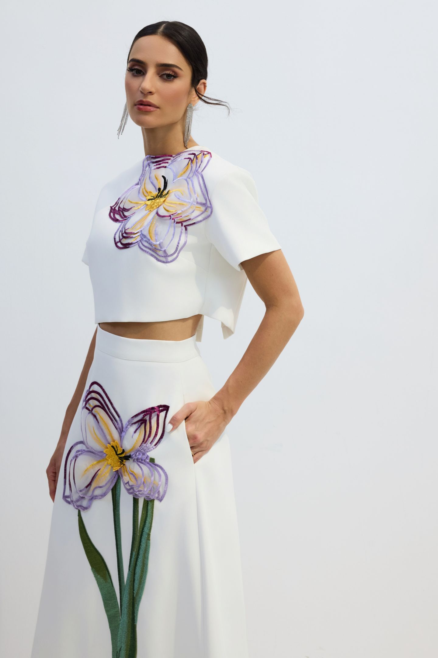 Floral Applique Short Sleeve Top & Skirt Set