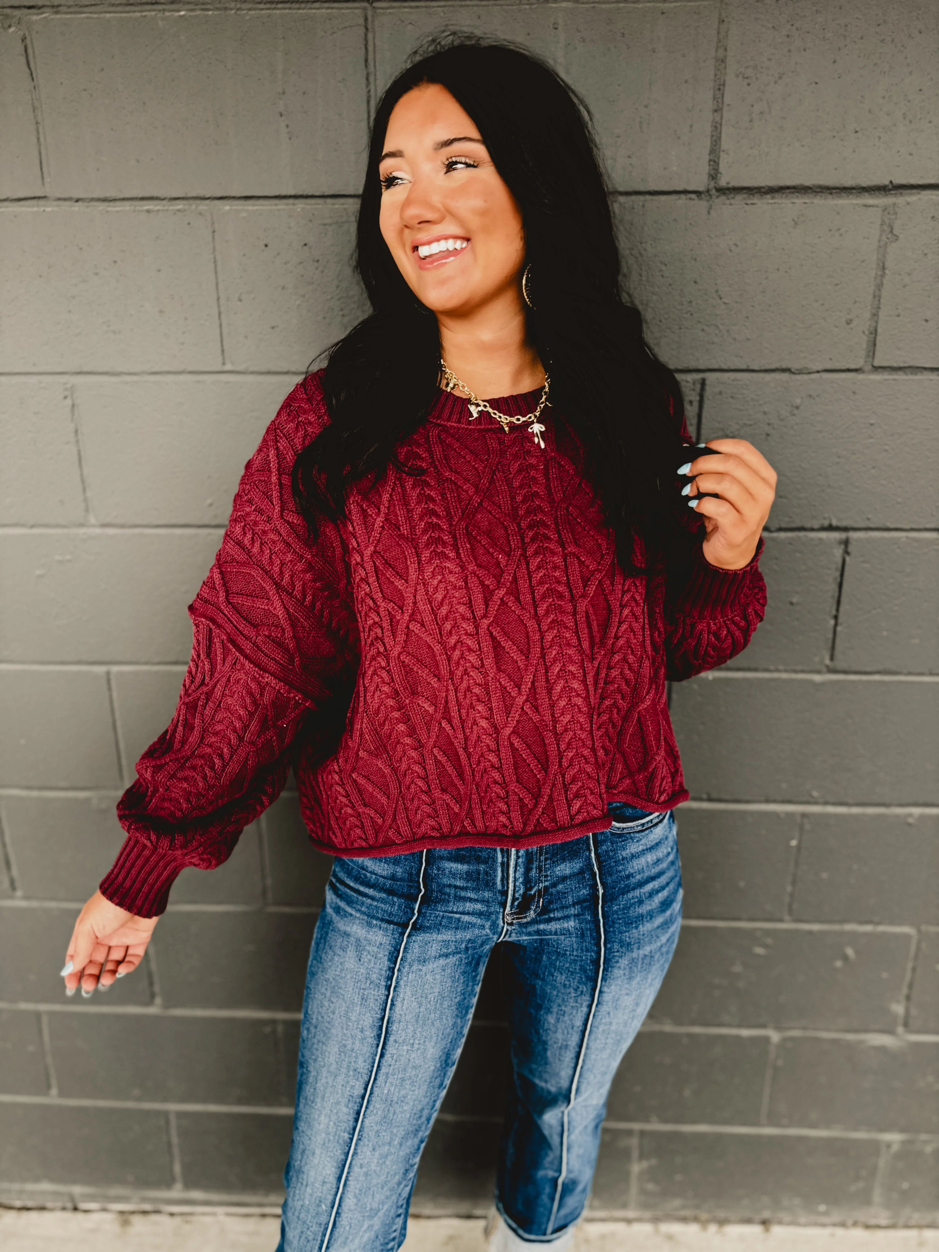 Cotton Cable Knit Pullover - Burgundy