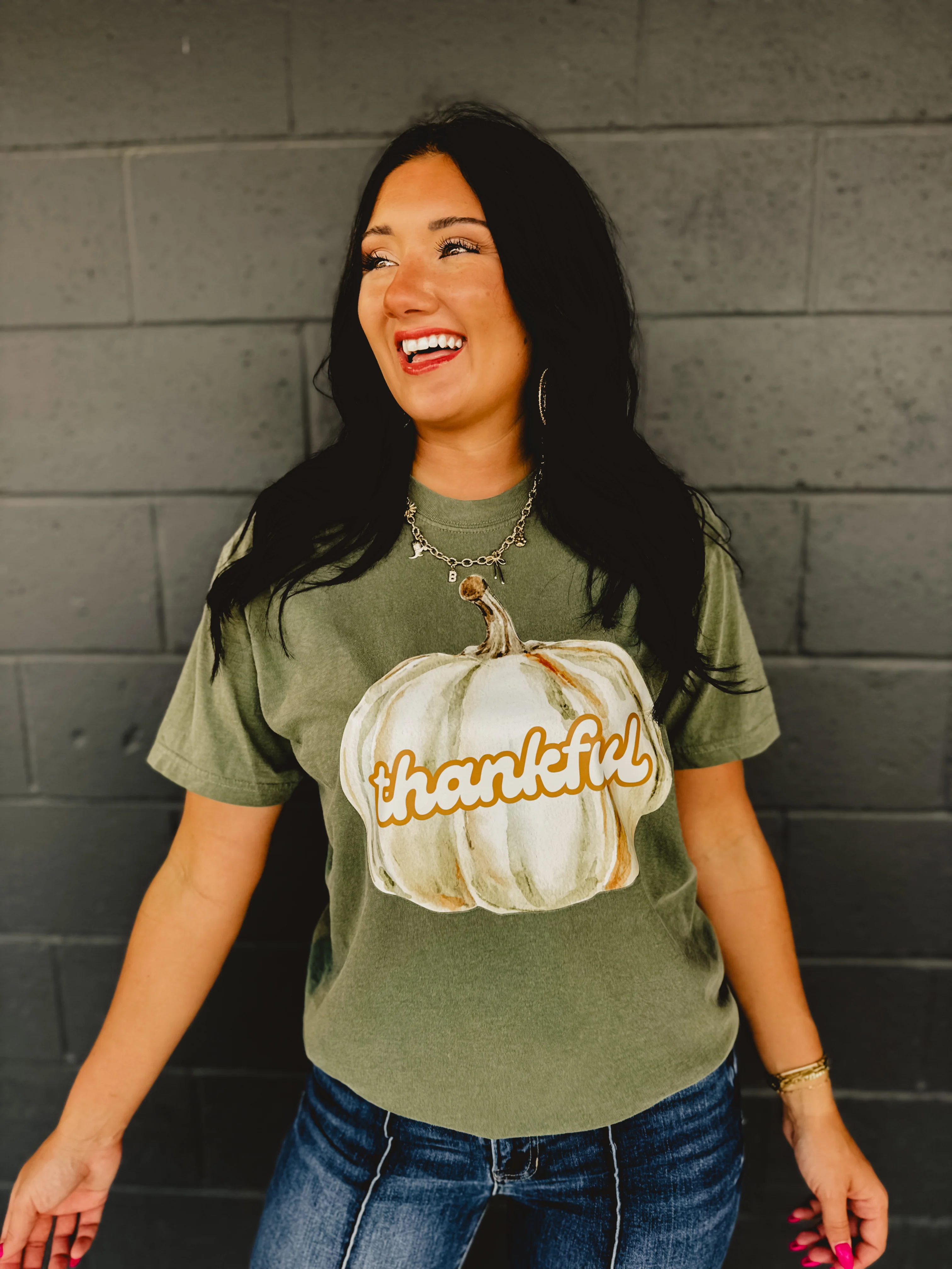 Thankful Pumpkin Graphic Tee - Moss