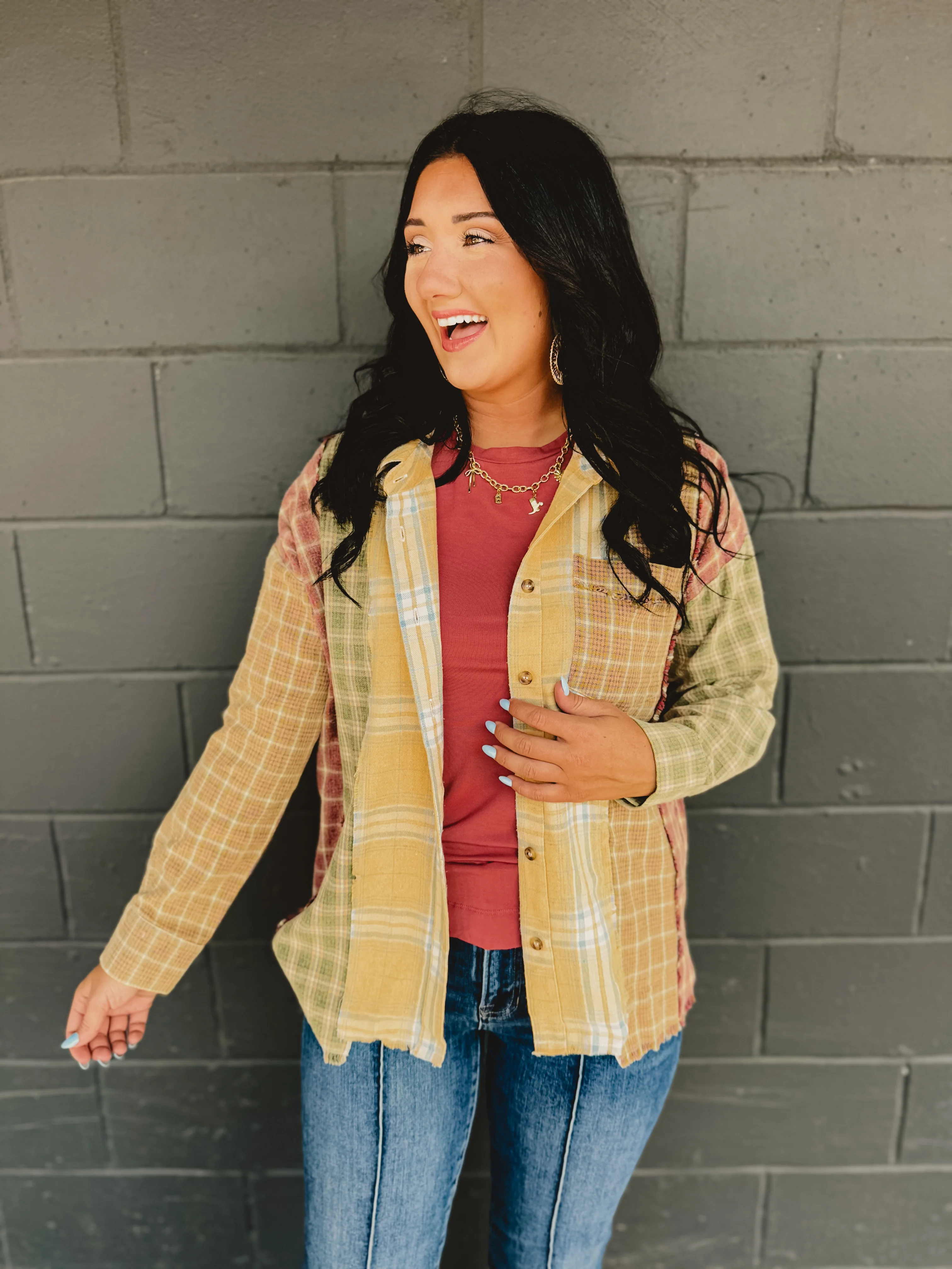 Mix Plaid Oversized Flannel - Mustard Multi