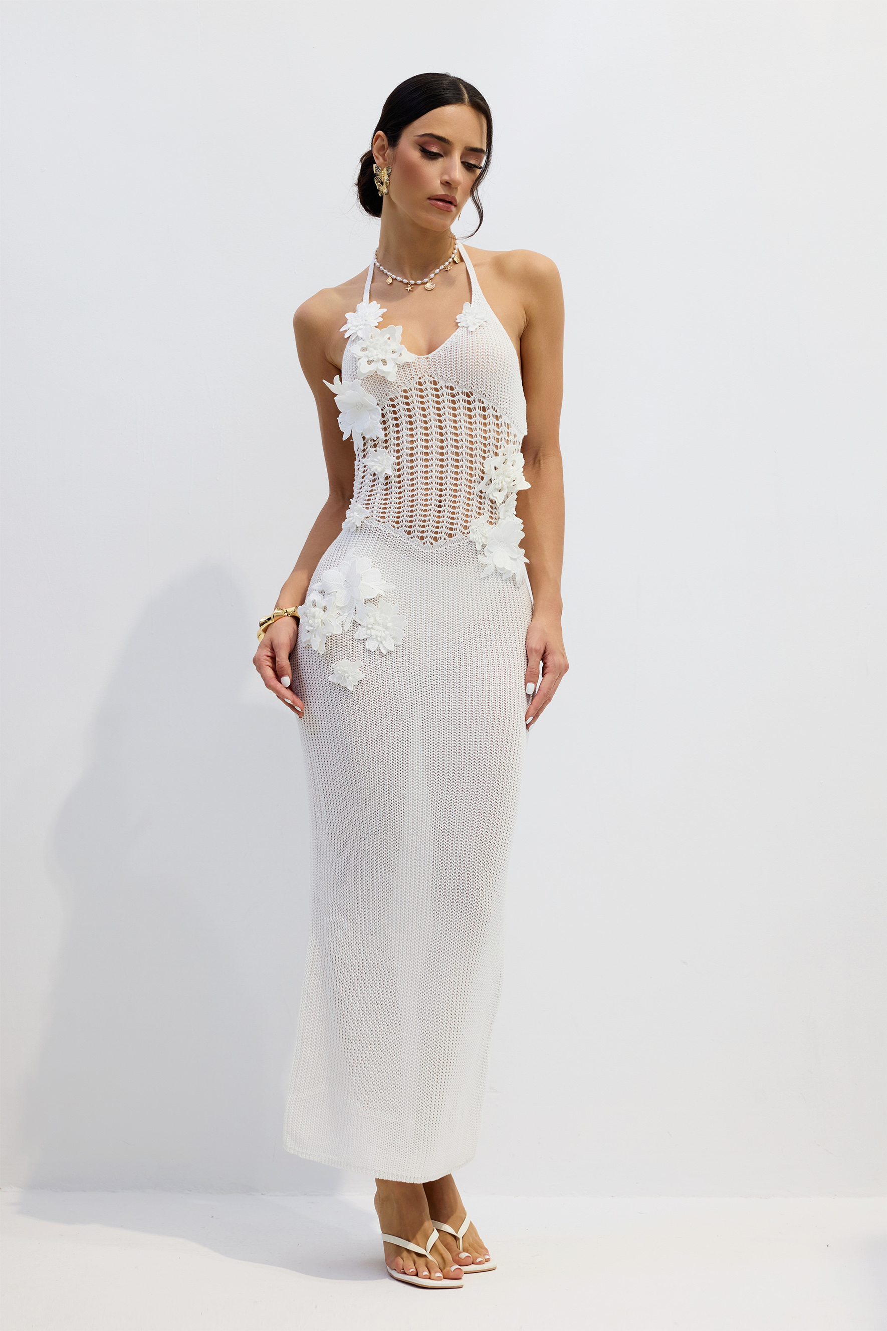 Floral Applique Hollow Out Crochet Maxi Dress