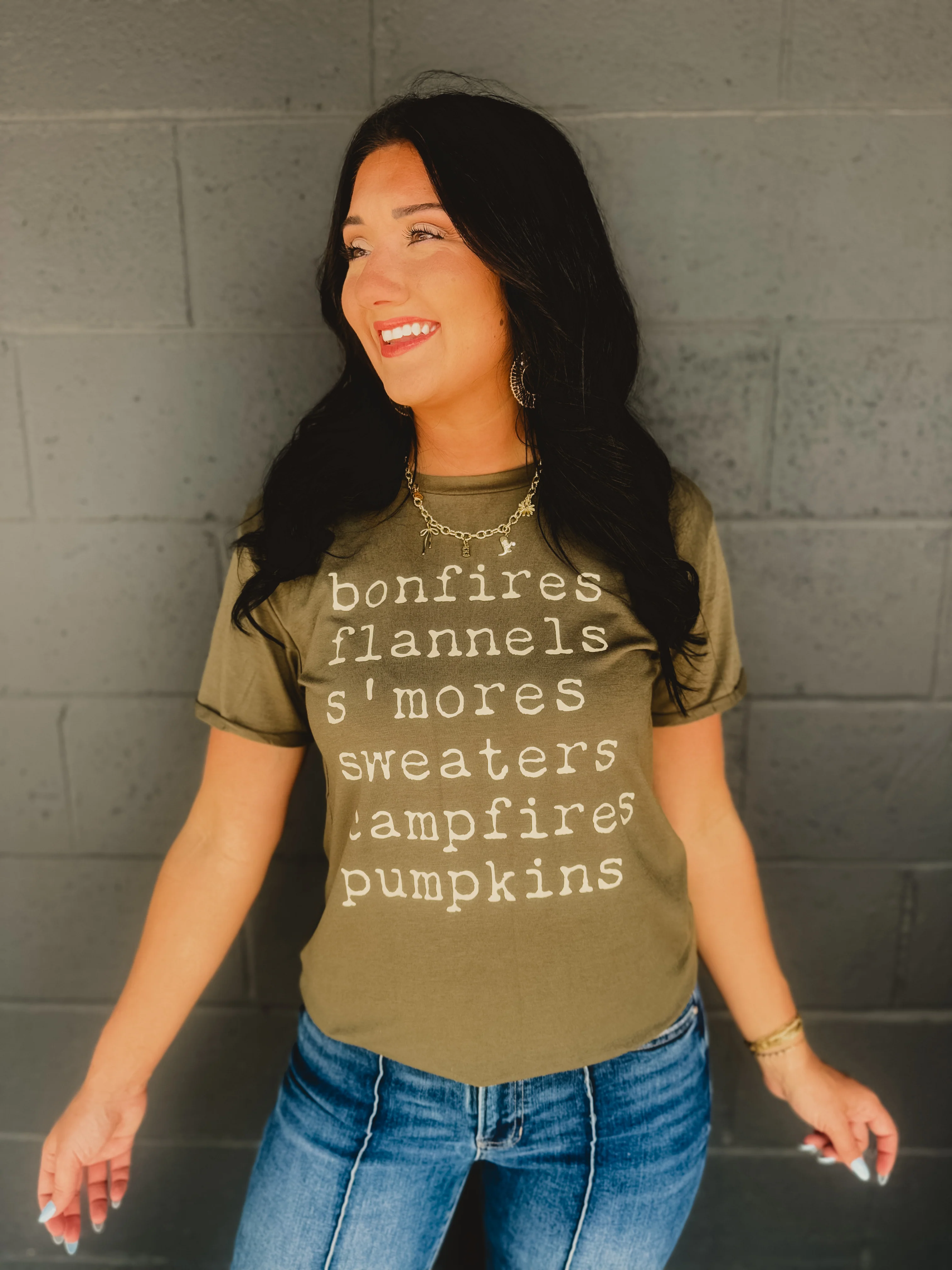 Bonfires, Flannels, & S'mores Graphic Tee - Olive