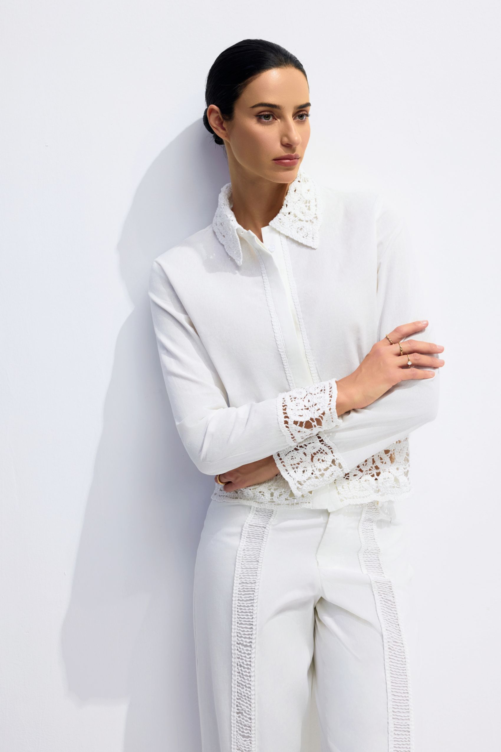 Lapel Collar Crochet Detail Shirt & Pants Set
